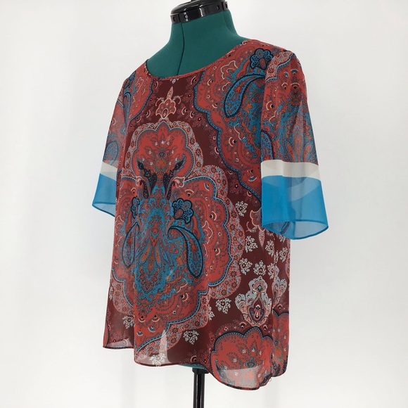 INC Sheer Red Paisley Short Sleeve Top, 12 - Picture 4 of 16